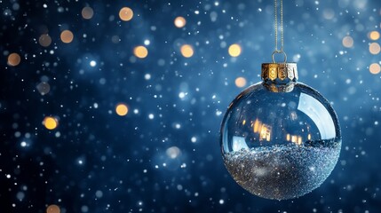 Wall Mural - A shimmering glass Christmas bauble hangs against a dark blue snowy backdrop with gentle light reflections, creating a festive atmosphere