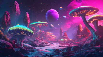 Wall Mural - Colorful psychedelic landscape with mushrooms and planets, surreal fantasy world. Psychedelic Art. Illustration