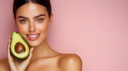 Portrait of a smiling woman holding an avocado and highlighting the benefits of natural ingredients for a rejuvenating facial treatment set against a pink studio wall backdrop