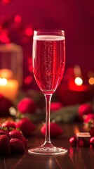 Elegant fizzy drink in glass with strawberries and candlelight ambiance