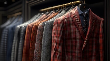 A Red and Black Plaid Blazer Hanging on a Rack in a Store