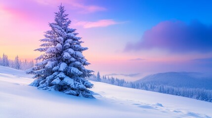 Wall Mural - A beautifully snow-covered Christmas tree stands tall in a serene winter landscape under a vibrant blue and purple sky at dusk