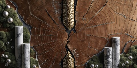 Canvas Print - Abstract gold and marble textures on a wooden background.