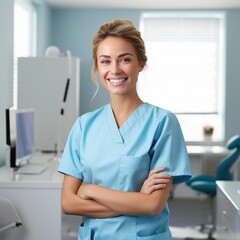 A woman is wearing a bright blue scrub outfit and is standing confidently in a dental office with her arms crossed, smiling cheerfully