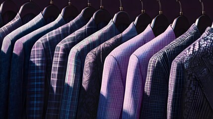 Row of Purple Plaid Jackets on Black Hangers