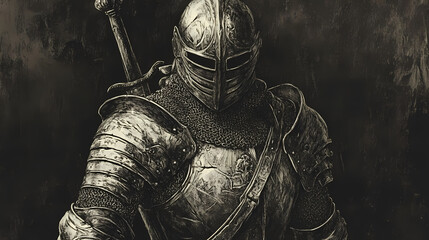 Poster - Intricate old engraving of a medieval knight in full armor with detailed textures. Metal Engraving. Illustration