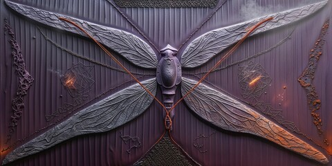 Sticker - Abstract metallic dragonfly wings on textured background with glowing details.