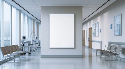 modern hospital waiting area with clean white walls, large windows, and a blank canvas on the wall, 