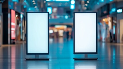 Two blank digital advertising displays stand in a modern shopping mall corridor, illuminated by cool blue lighting, creating a futuristic ambiance.