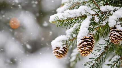 Close up of a frosted pine tree branch and pine cones