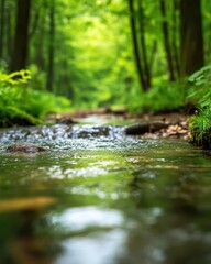 Tranquil forest stream with green foliage and sunlight