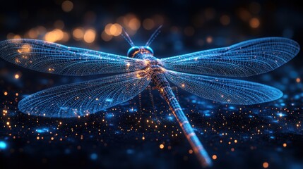 Wall Mural - a glowing, blue dragonfly with wings made of intricate wire mesh, resting on a bed of shimmering par
