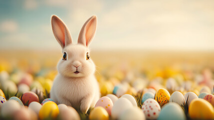 A cute white rabbit sits among colorful Easter eggs in a sunny field, embodying the joy and spirit of spring celebrations.