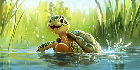 Canvas Print - Playful tortoise cartoon gliding through the water,