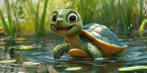 Canvas Print - Playful tortoise cartoon gliding through the water,