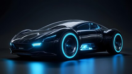 black futuristic electric car with blue light. Concept of future. 3d rendering. 