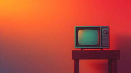 A vintage television with a blank screen sits on a table against a vibrant orange and red background.