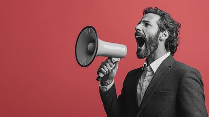 A businessman shouts into a megaphone with an intense expression