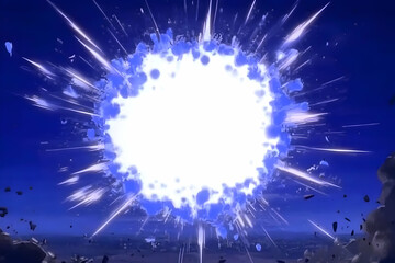 A white and blue light explosion with white rays of light emanating from the center, against a dark blue background with flying rocks.