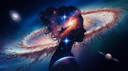 Wall Mural - A surreal and artistic illustration of a silhouette of a woman with a cosmic scene integrated into her profile. 