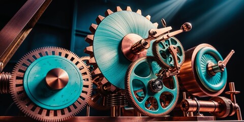 Poster - Teal and copper gears close-up, intricate steampunk design.