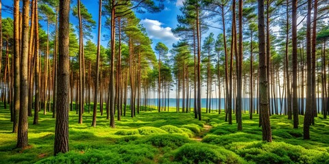  Coastal Pine Forest Monoculture in Poland with Lush Green Ground Cover Underneath the Trees in a Scenic Landscape