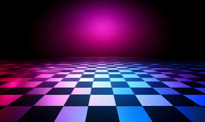 Sticker - Abstract checkered floor with colorful neon lighting in the background.