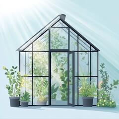 Small greenhouse filled with plants under sunlight in a bright setting