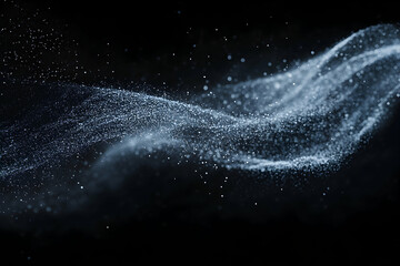 Abstract digital wave of glowing particles on black background.