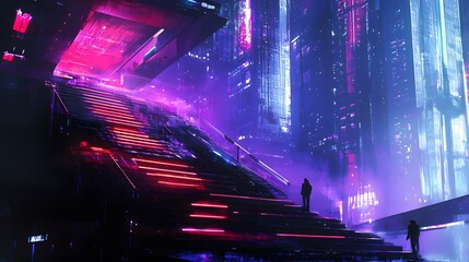 Poster - Abstraction, futuristic city of concrete and neon. Night city view, stairs up, illumination. Dark street, abstract scene, neon rays. 