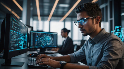 a software engineer working on a futuristic computer writing a code in modern office environment