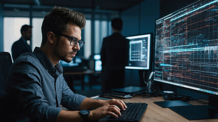 a software engineer working on a futuristic computer writing a code in modern office environment