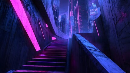 Poster - Abstraction, futuristic city of concrete and neon. Night city view, stairs up, illumination. Dark street, abstract scene, neon rays. 