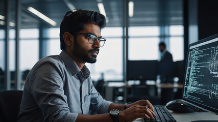 an indian software engineer working on a futuristic computer writing a code in modern office environ