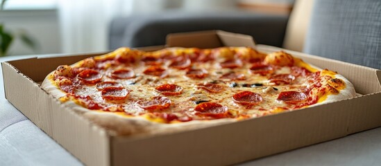 Wall Mural - A freshly baked pepperoni pizza in a cardboard box.