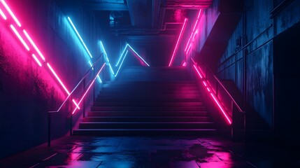 Poster - Abstraction, futuristic city of concrete and neon. Night city view, stairs up, illumination. Dark street, abstract scene, neon rays. 