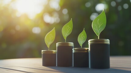 Canvas Print - Green seedlings in jars symbolize growth, sustainability, and the nurturing of nature under warm sunlight.