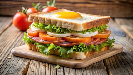 Wall Mural - A Delicious Sandwich with a Fried Egg in the Bread, Lettuce, Tomatoes, and Sliced Cheese on a Wooden Cutting Board