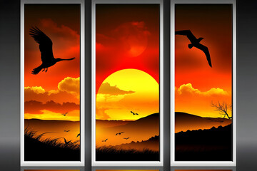 Poster - Sunset sky with birds flying in three panels.