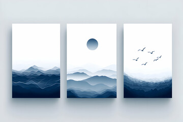 Poster - Three abstract minimalist blue mountain range illustrations with a sun and birds.