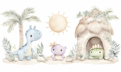 Poster - Three cute dinosaurs, one in blue, one in purple and one in green, in a jungle scene with palm trees, a sun and a hut, with a watercolor effect.