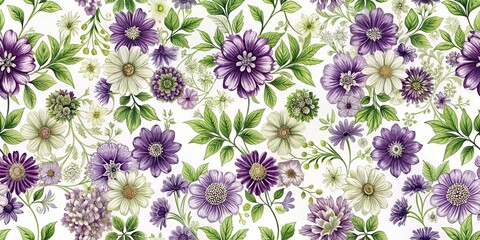 Intricate floral pattern design with purple, green, and white flowers on white background