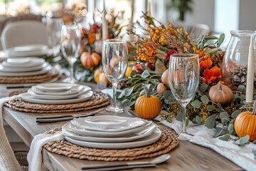 A beautifully decorated fall-themed table setting with pumpkins, flowers, and autumn decorations for an outdoor dinner party