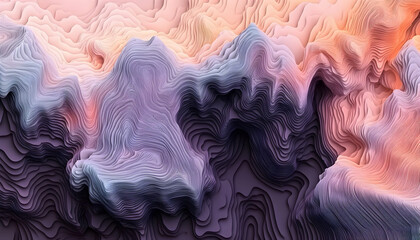 Wall Mural - Abstract 3D illustration of a mountain range with a gradient of colors from purple to orange.