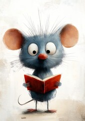 mouse reading book big smile modern scientific documents shocked expression cute cartoon dino