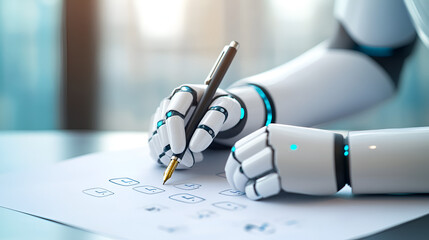 ChatGPT AI chatbot writing answers with a pen on paper, symbolizing the integration of artificial intelligence in communication, content creation, and problem-solving, digital illustration