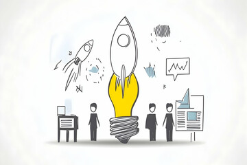 Canvas Print - A lightbulb with a rocket launching from it, representing innovation and growth, with three stick figures and business related drawings around it.