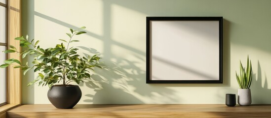 Poster - Blank picture frame mock-up with potted plants on a wooden shelf and pale green wall with sunlight.