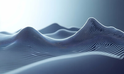 Poster - Abstract digital landscape with white lines forming hills and valleys against a blurred blue and white background.