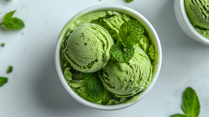 A refreshing bowl of mint chocolate chip ice cream, scooped into perfect rounds and topped with fresh mint leaves. The cool green tones and creamy texture make it a delightful treat for any occasion.